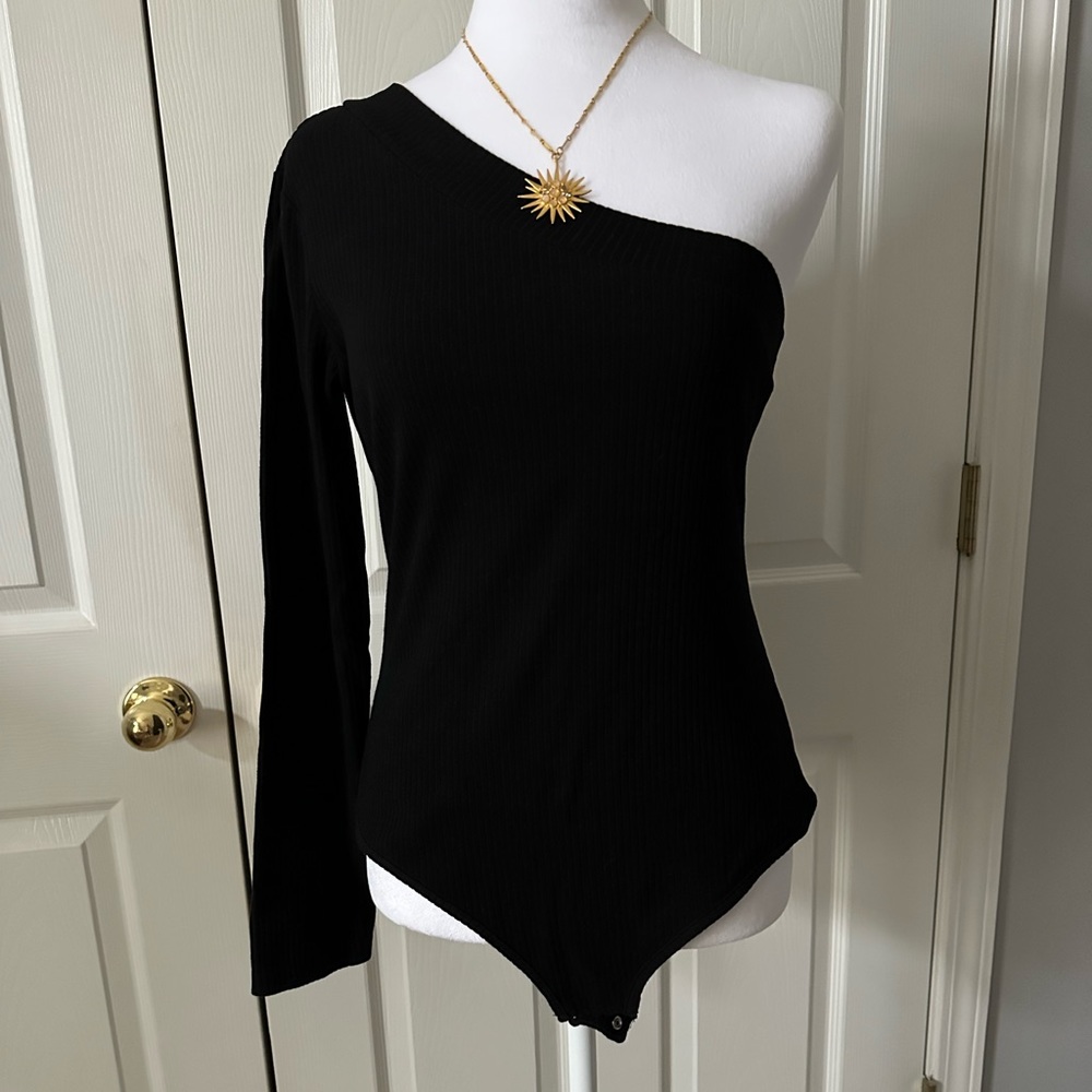 Bodysuit, One Shoulder, long sleeve, black, size Large